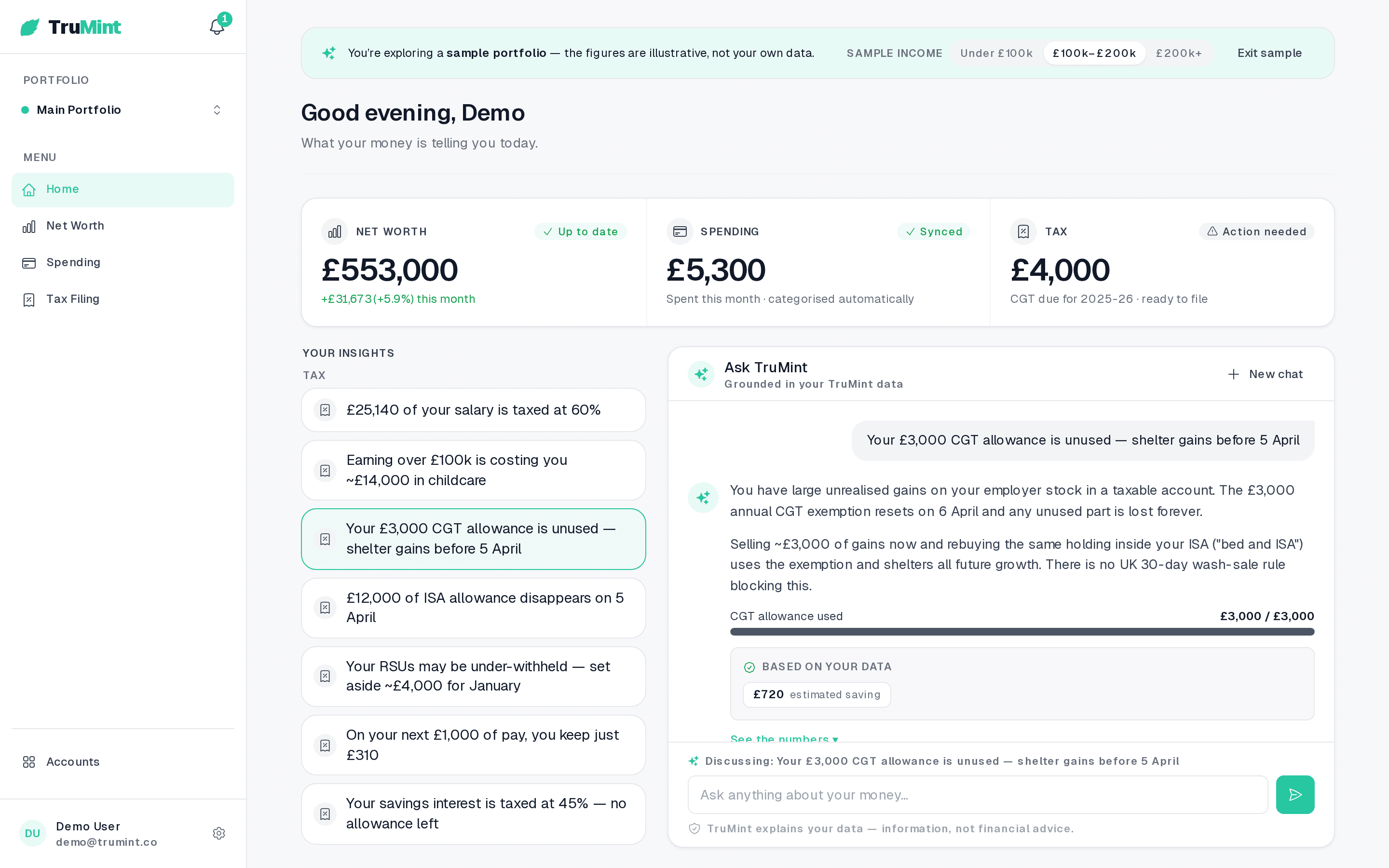 TruMint assistant in conversation: answering a question about unused CGT allowance, grounded in the portfolio with an estimated saving