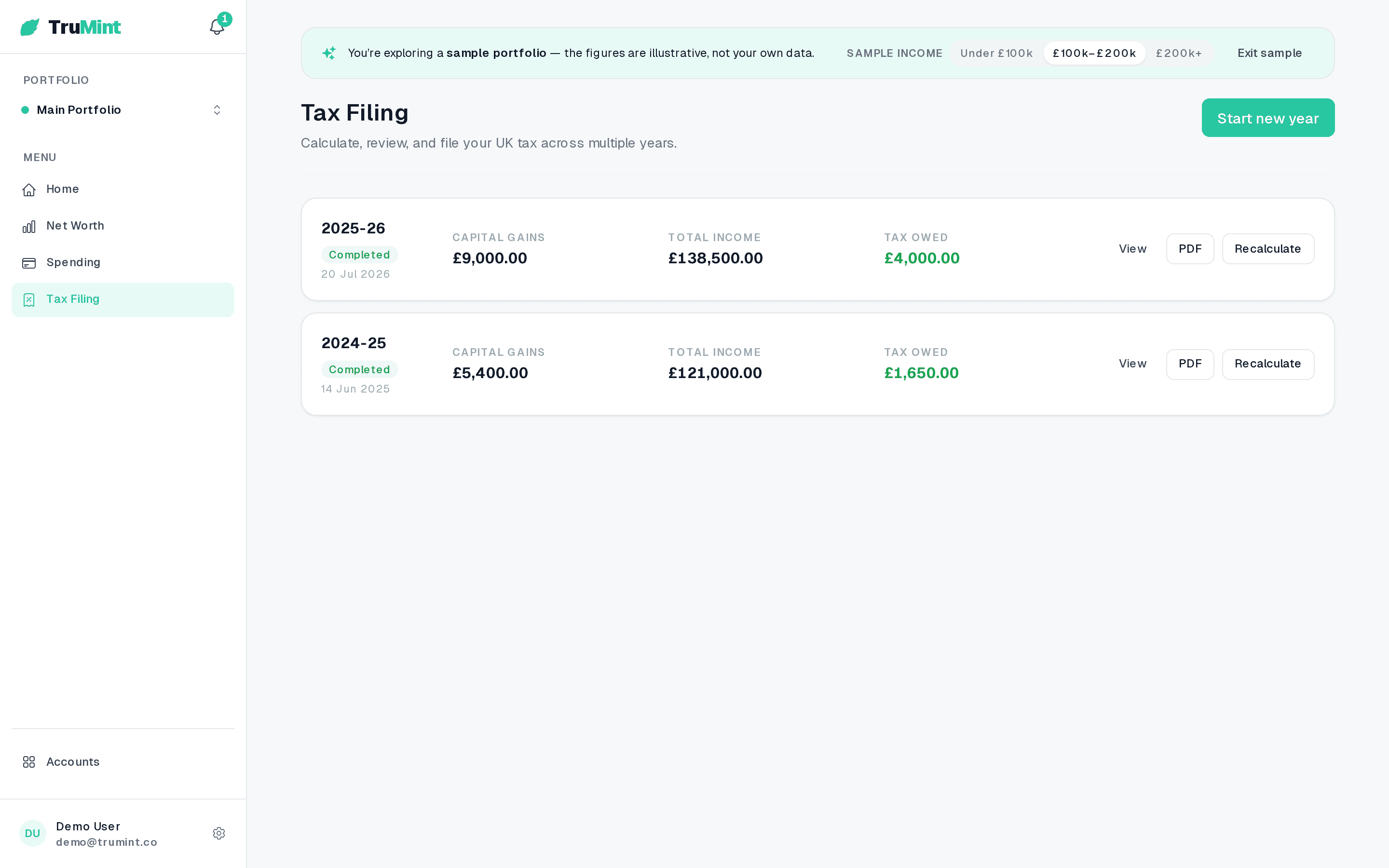 TruMint tax filing dashboard with completed UK Capital Gains calculations